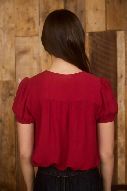 Mine and E&M - Eyelet Lace Trim Double Front Tie Puff Sleeve Top - Rack Hunt