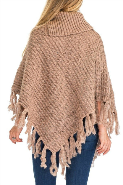 Turtleneck Ribbed Crochet Knit Poncho With Button Accent