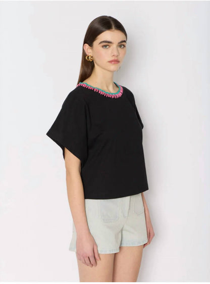 Tember Crew Neck Tee With Contrast Neck Embroidery