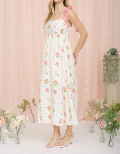 Floral Tile Pattern Scalloped Tie Strap Midi Dress