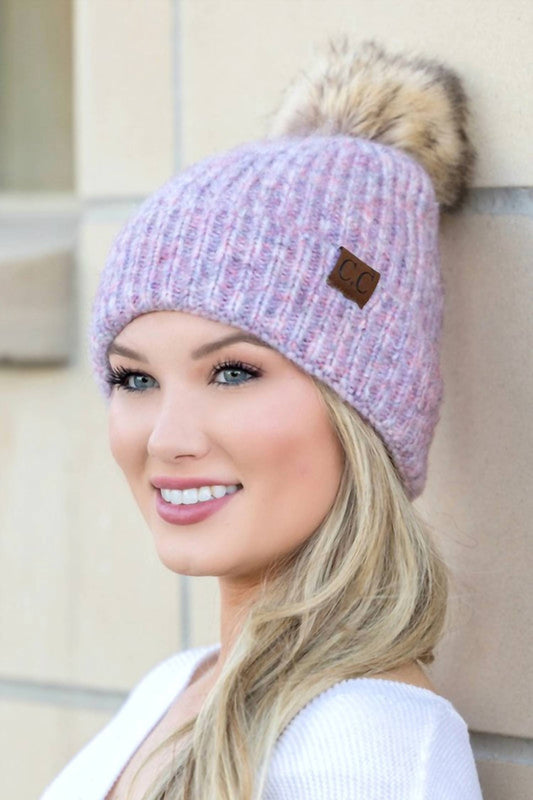 Women's Soft Ribbed Fur Pom Beanie