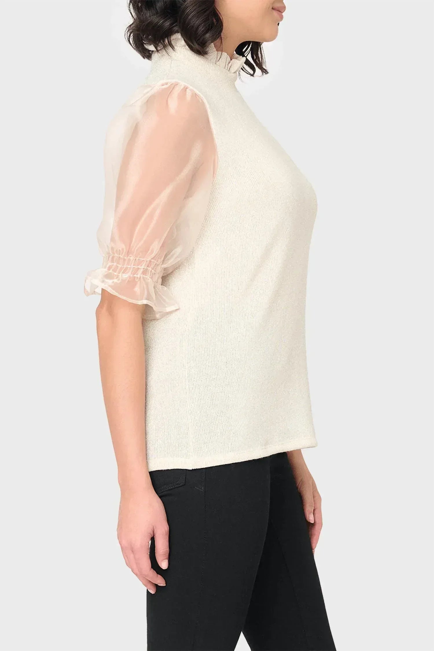 Gibsonlook - Feminine Ruffle Top with Organza Puff Elbow Sleeve - Rack Hunt