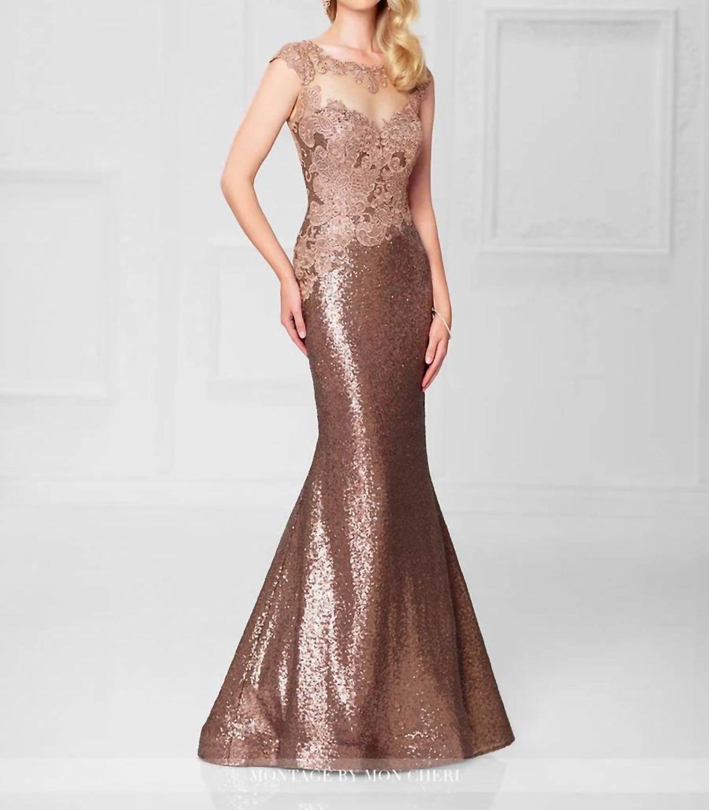 Social Occasions by Mon Cheri - Bronze Lace Sequin Long Gown - Rack Hunt -