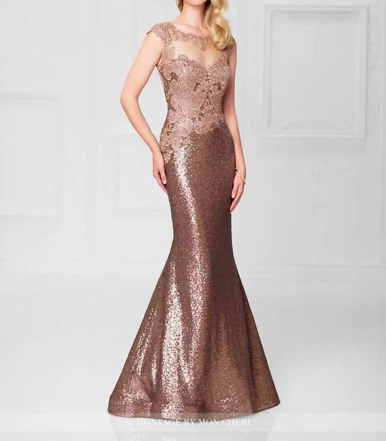 Social Occasions by Mon Cheri - Bronze Lace Sequin Long Gown - Rack Hunt -