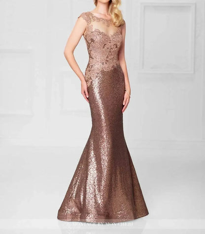 Social Occasions by Mon Cheri - Bronze Lace Sequin Long Gown - Rack Hunt