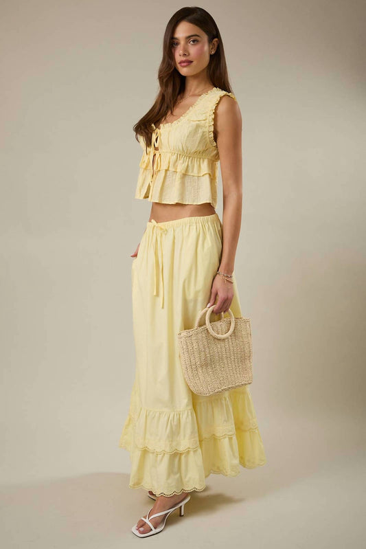 Elastic Waist Embroidered Scallop Hem Tiered Maxi Skirt