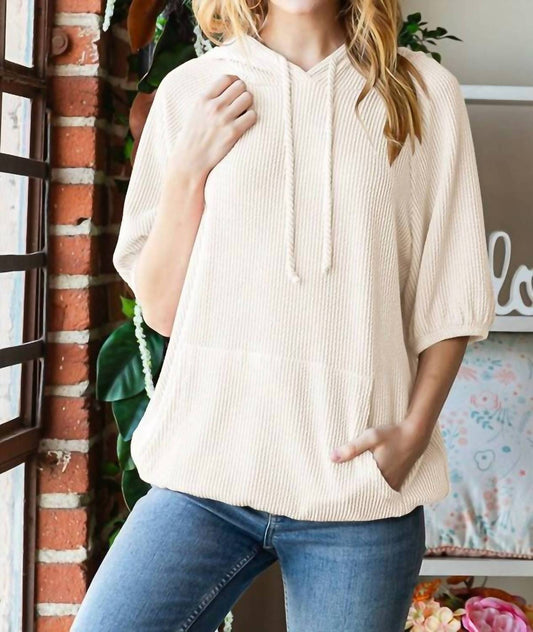 Dolman Short Puff Sleeve Ribbed Hoodie