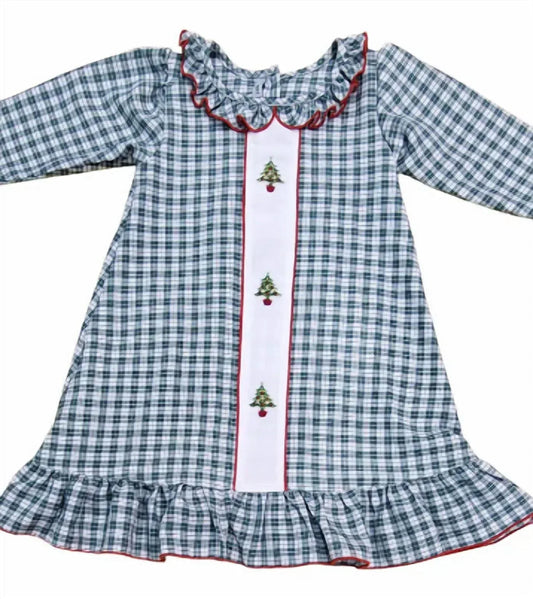 Muguet Collection - Girl's Christmas Tree Embroidered Plaid Nightgown - Rack Hunt