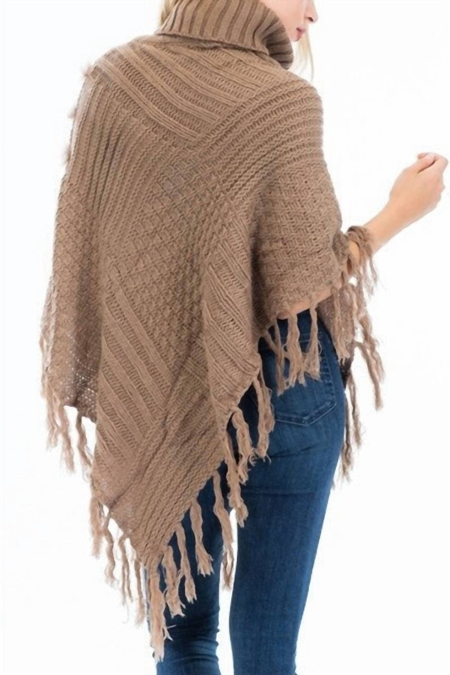 Luxury Turtleneck Poncho With Faux Fur Accent
