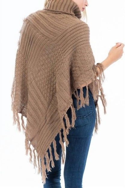 Luxury Turtleneck Poncho With Faux Fur Accent