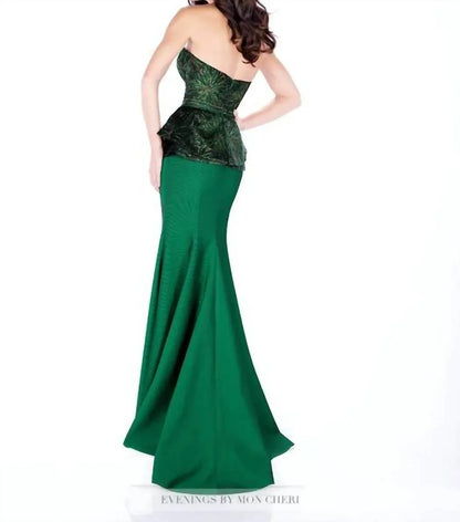 Social Occasions by Mon Cheri - Metallic Brocade Peplum Mermaid Long Gown - Rack Hunt