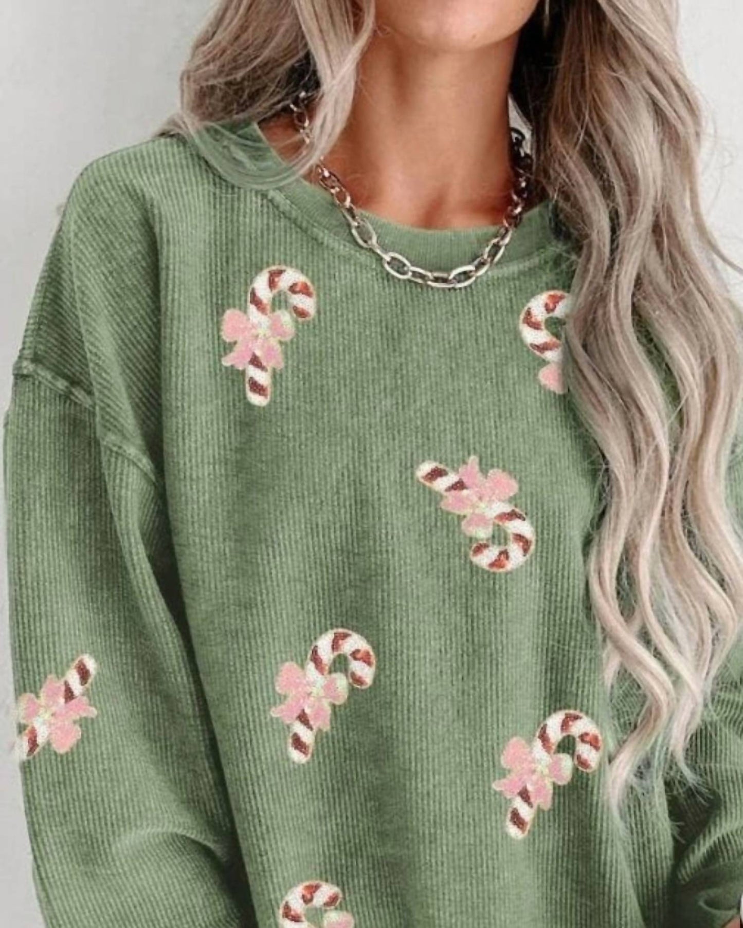 Candy Cane Sequin Ribbed Sweatshirt
