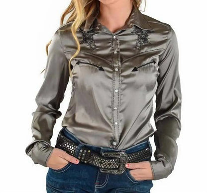 Cowgirl Tuff - Stretch Satin Long Sleeve Top - Rack Hunt