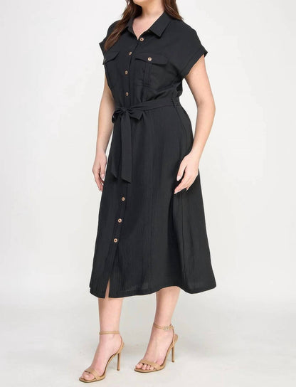 Front Tied Buttoned Short Sleeve Dress