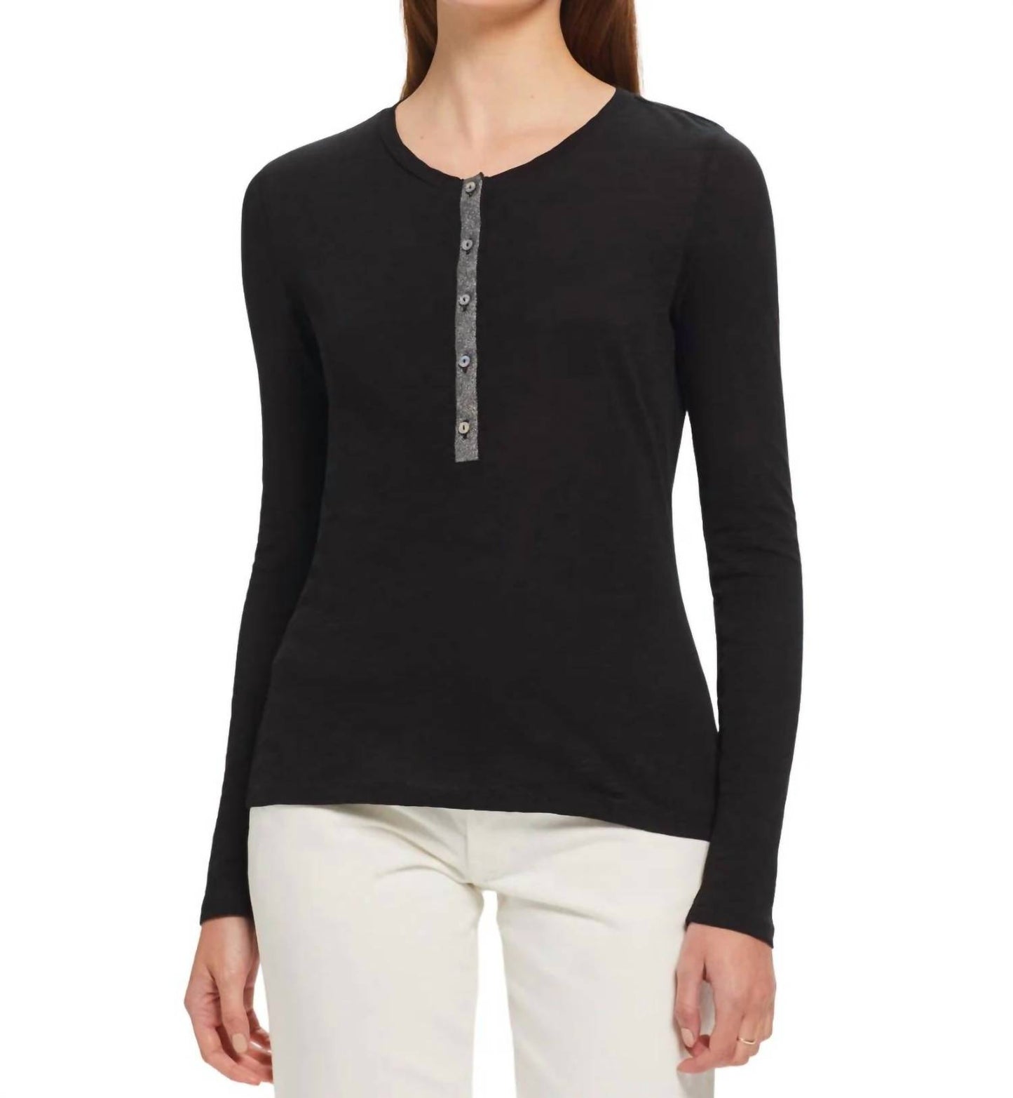 Metallic Long Sleeve Placket Top