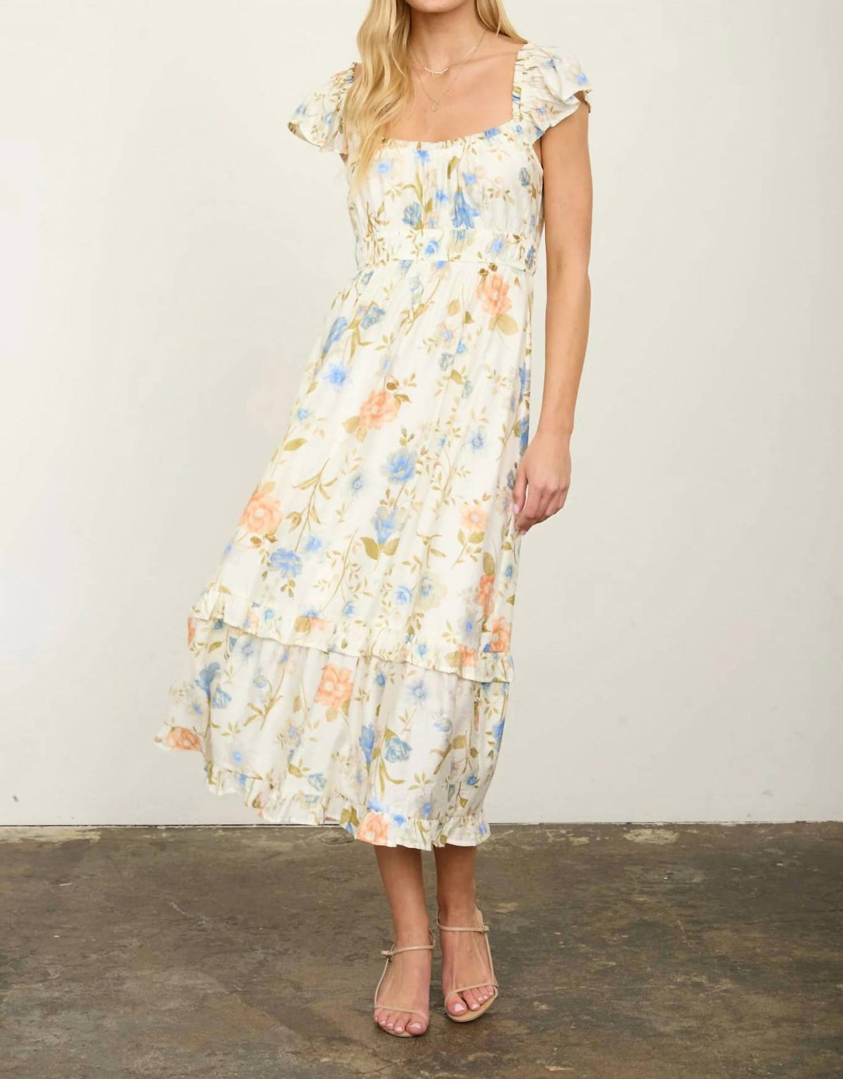 Floral Scoop Neck Ruffle Short Sleeve Midi Dress