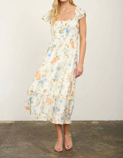 Floral Scoop Neck Ruffle Short Sleeve Midi Dress