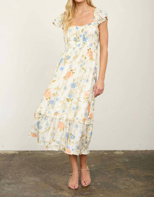Floral Scoop Neck Ruffle Short Sleeve Midi Dress