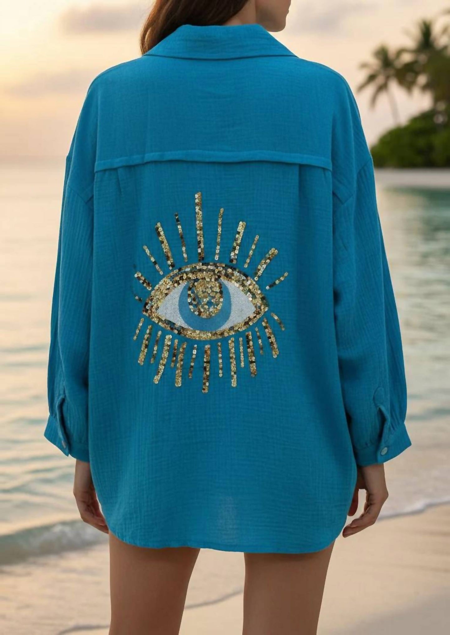 Women's Oversized Evil Eye Gauze Cotton Button Shirt