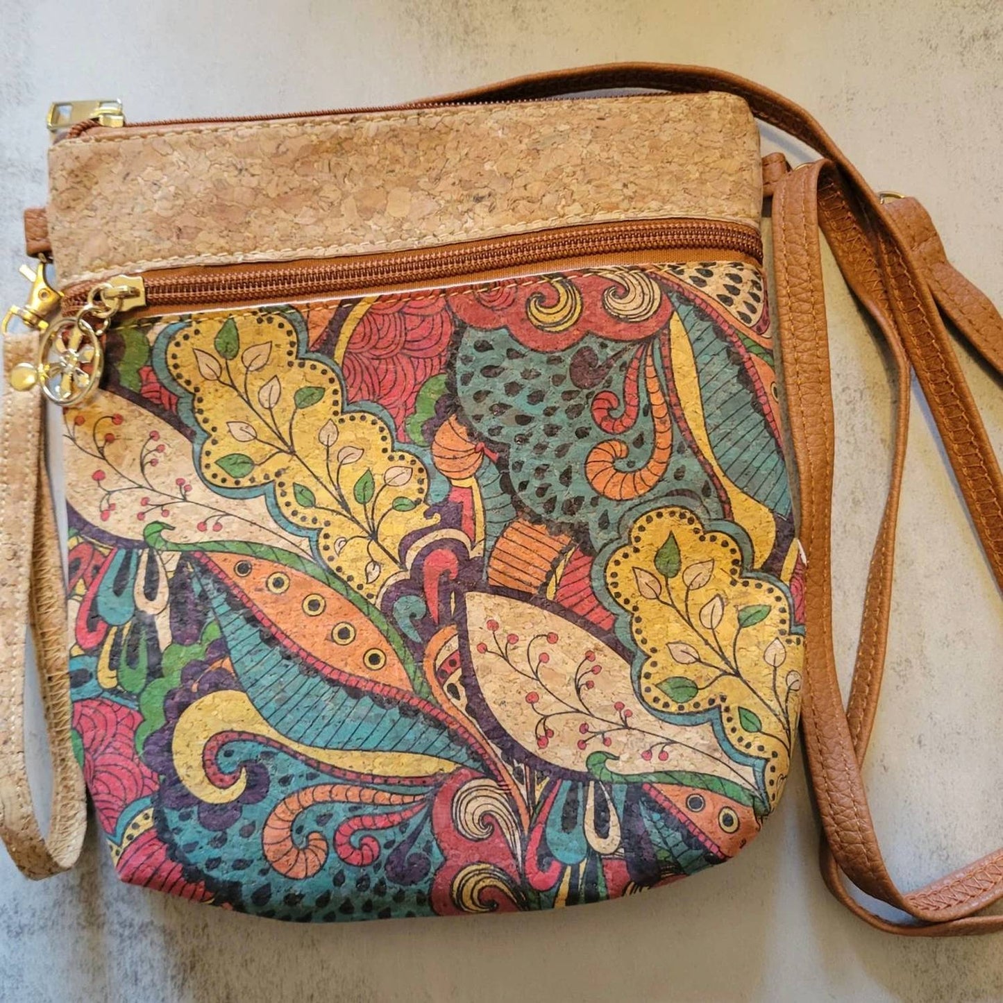 Women's Paisley Print Vertical Cork Crossbody Bag