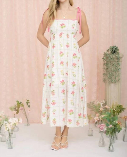 Floral Tile Pattern Scalloped Tie Strap Midi Dress