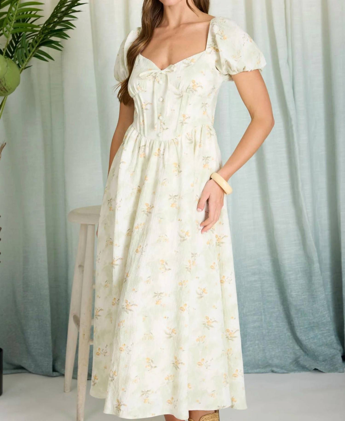 Floral Sweetheart Puff Sleeve Corset Midi Dress