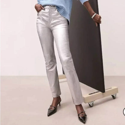 Coated High Rise Straight Leg Jeans