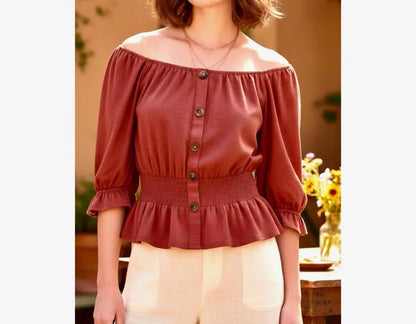 Meraki Out West - Button Accent Cinched Waist Knit Boho Blouse - Rack Hunt