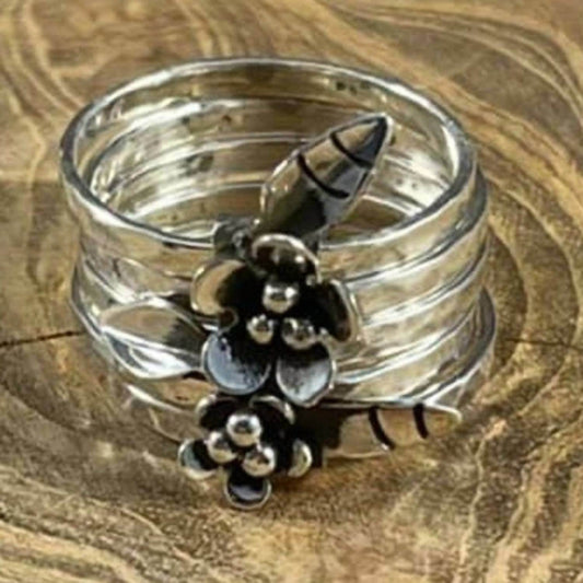 BOHO SOL - Women's Stacked Band Ring With Flower Details - Rack Hunt -