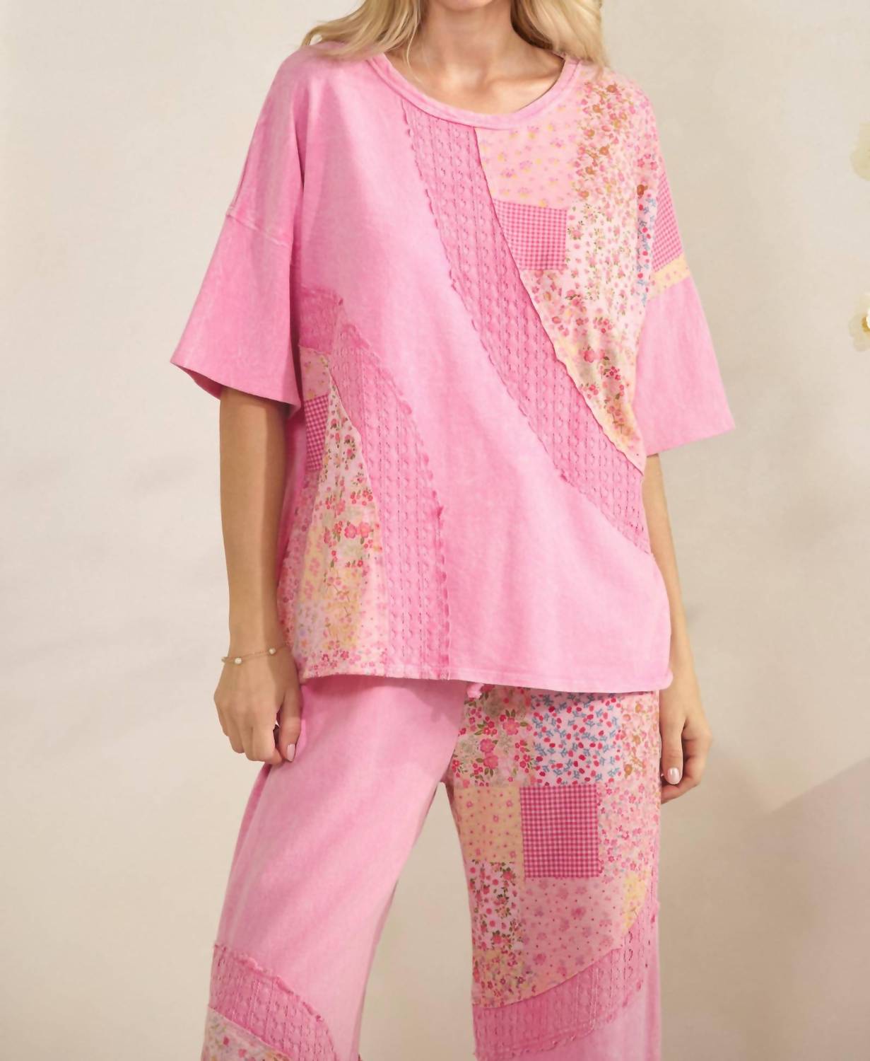 Mineral Washed Spring Picnic Print Lace Blouse Top