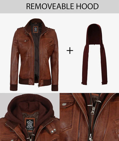 Women's Genuine Leather Jacket With Removal Hood