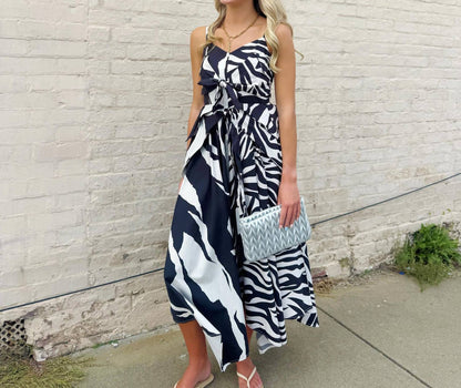 Asymmetric Tie Front Mixed Print Maxi Dress