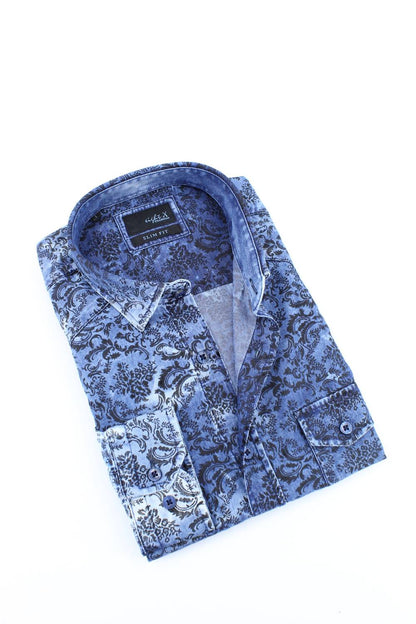 Men's Distressed Denim Shirt With Floral Flocking
