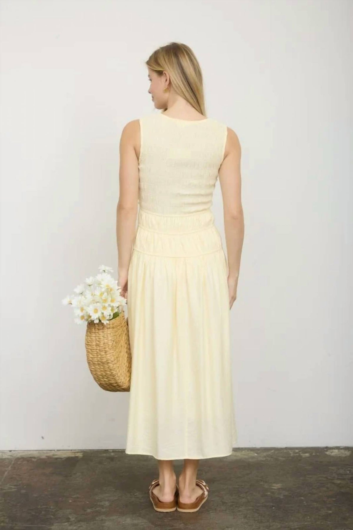 Front Tie Smocked Sleeveless Shirred Midi Dress