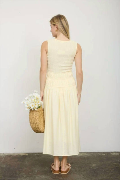 Front Tie Smocked Sleeveless Shirred Midi Dress