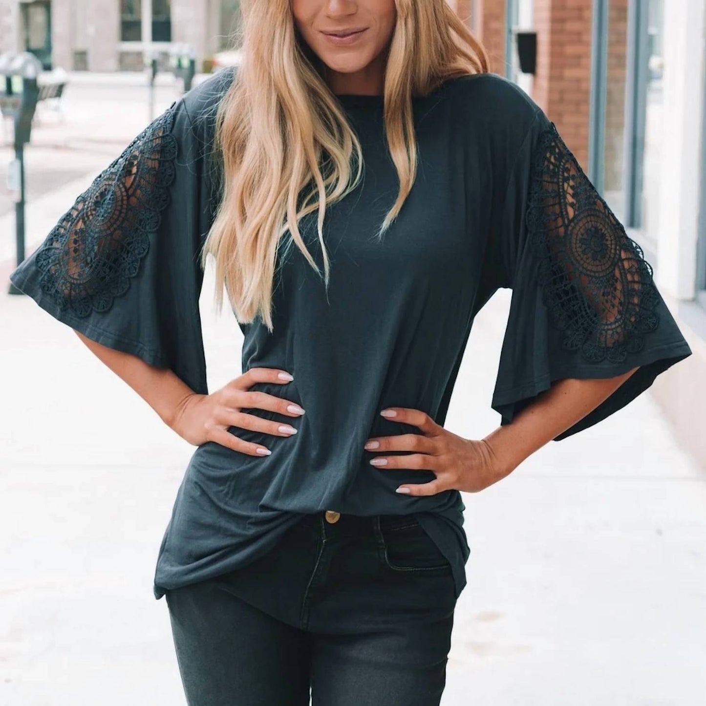 Crochet Inset Flutter Sleeve Top