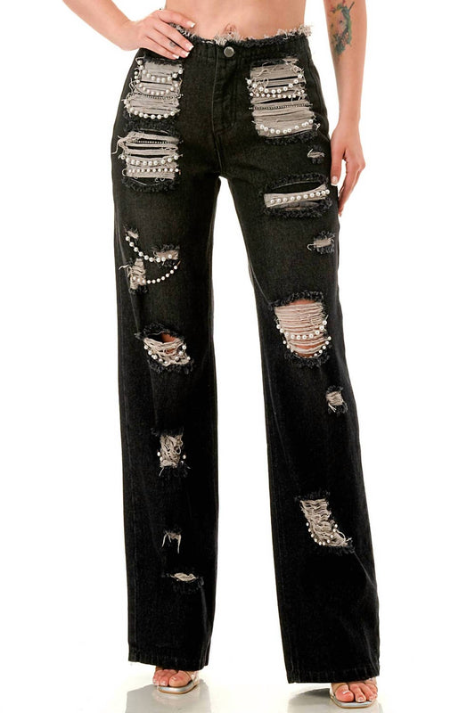 Ripped Jeans With Pearls Embellished