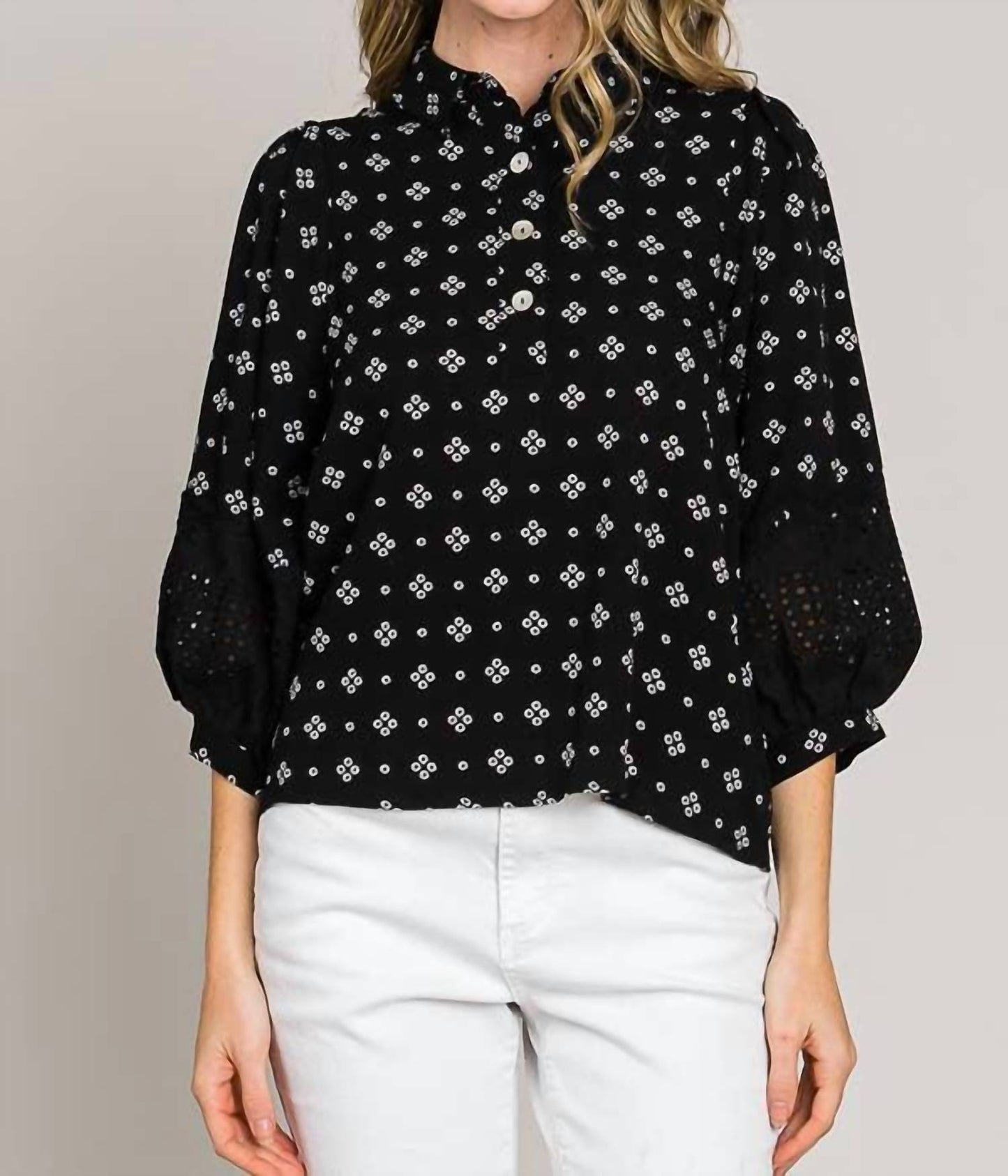 Bracelet Sleeve with Embroidered Eyelet Lace Trim Blouse