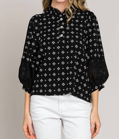 Bracelet Sleeve with Embroidered Eyelet Lace Trim Blouse
