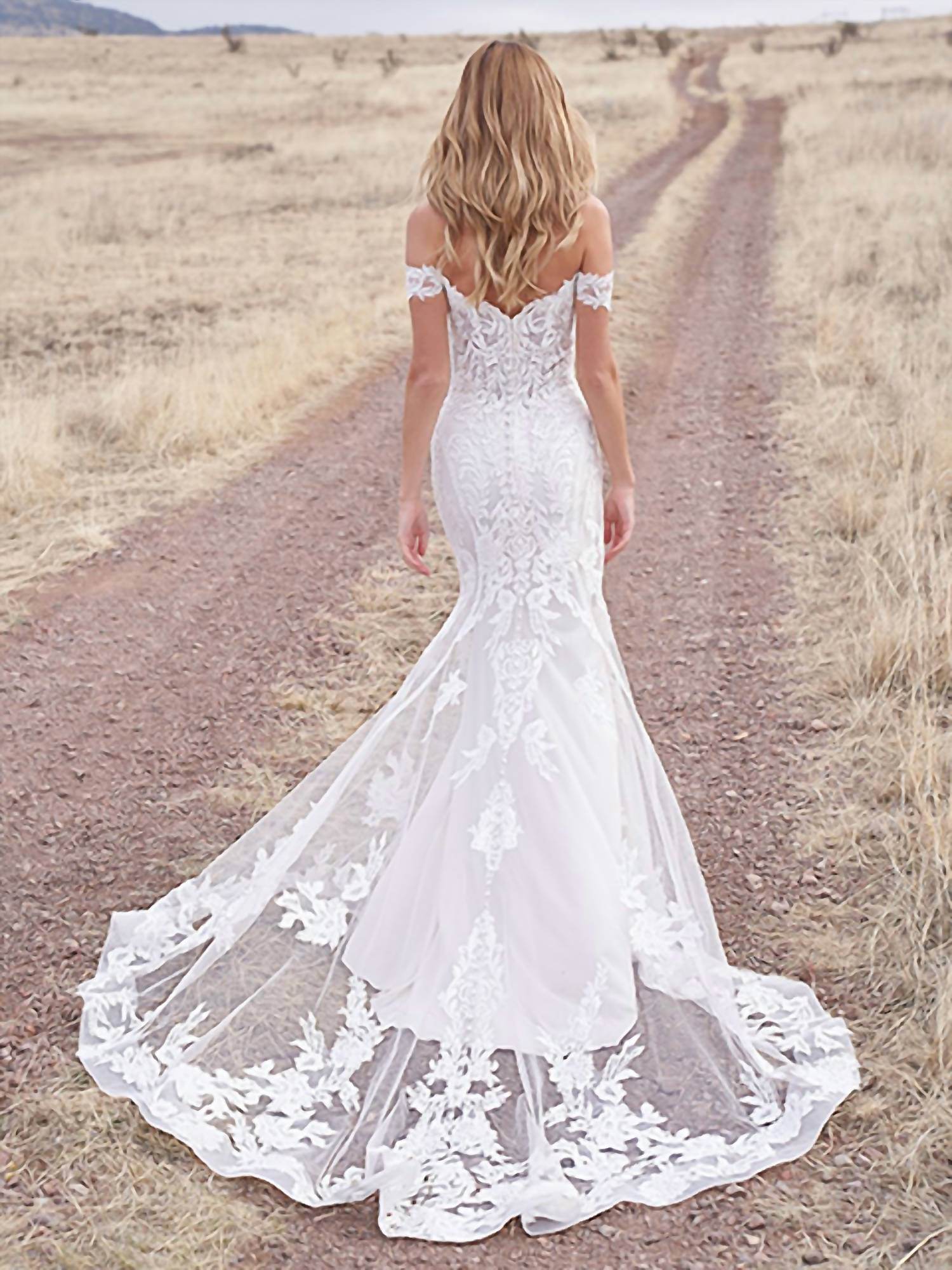 Allure Bridals - Off-Shoulder Sheath Lace Wedding Dress - Rack Hunt