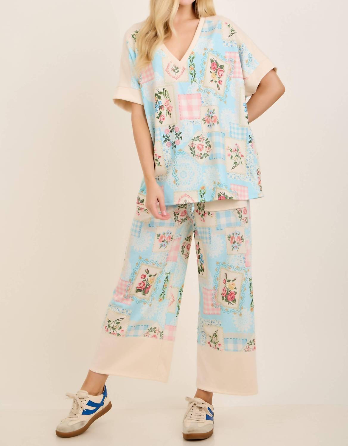 Rosy Nostalgia Terry V Neck Top And Pants Set