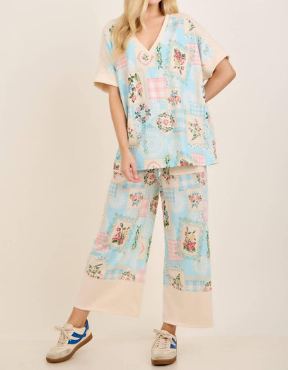 Rosy Nostalgia Terry V Neck Top And Pants Set