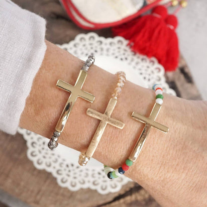 Women's Minimal Sideways Cross Bracelet With Glass Beads