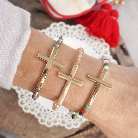 Women's Minimal Sideways Cross Bracelet With Glass Beads