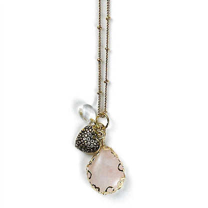 Women's Rose Quartz Heart And Bead Charm Necklace