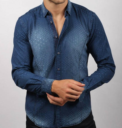 Men's Pattern Jacquard Stone Wash Denim Button Down Shirt
