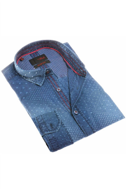 Men's Pattern Jacquard Stone Wash Denim Button Down Shirt