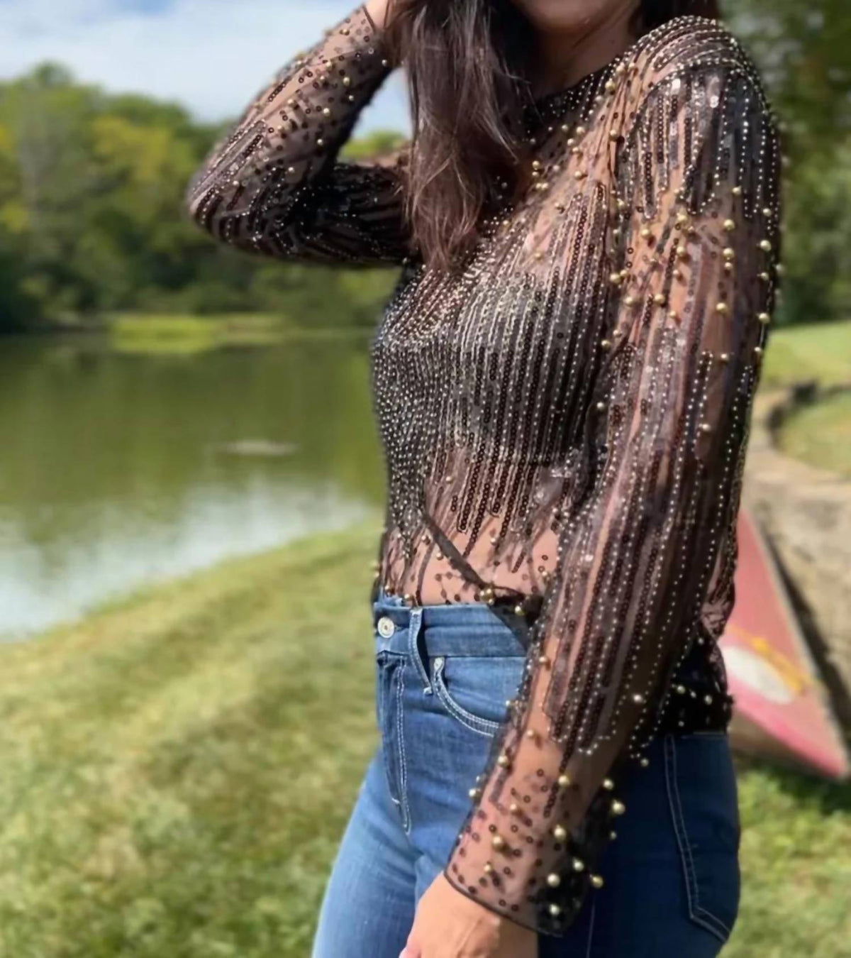 Beaded Embroidered Mesh Blouse