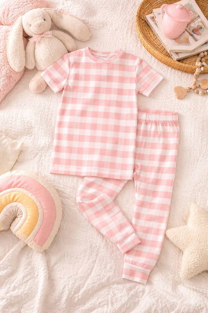 Kids Gingham Two-piece Bamboo Short Sleeve Pajama Pants Set