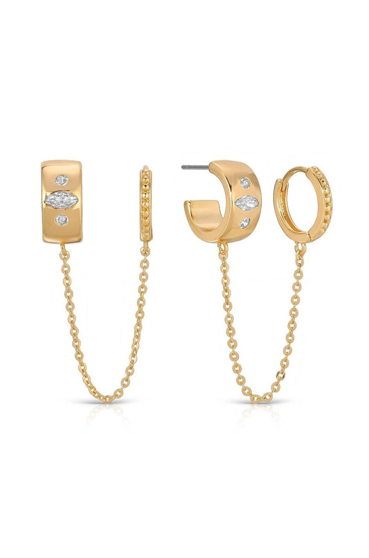Women's Double Piercing Bezel Crystal Dangle Earrings